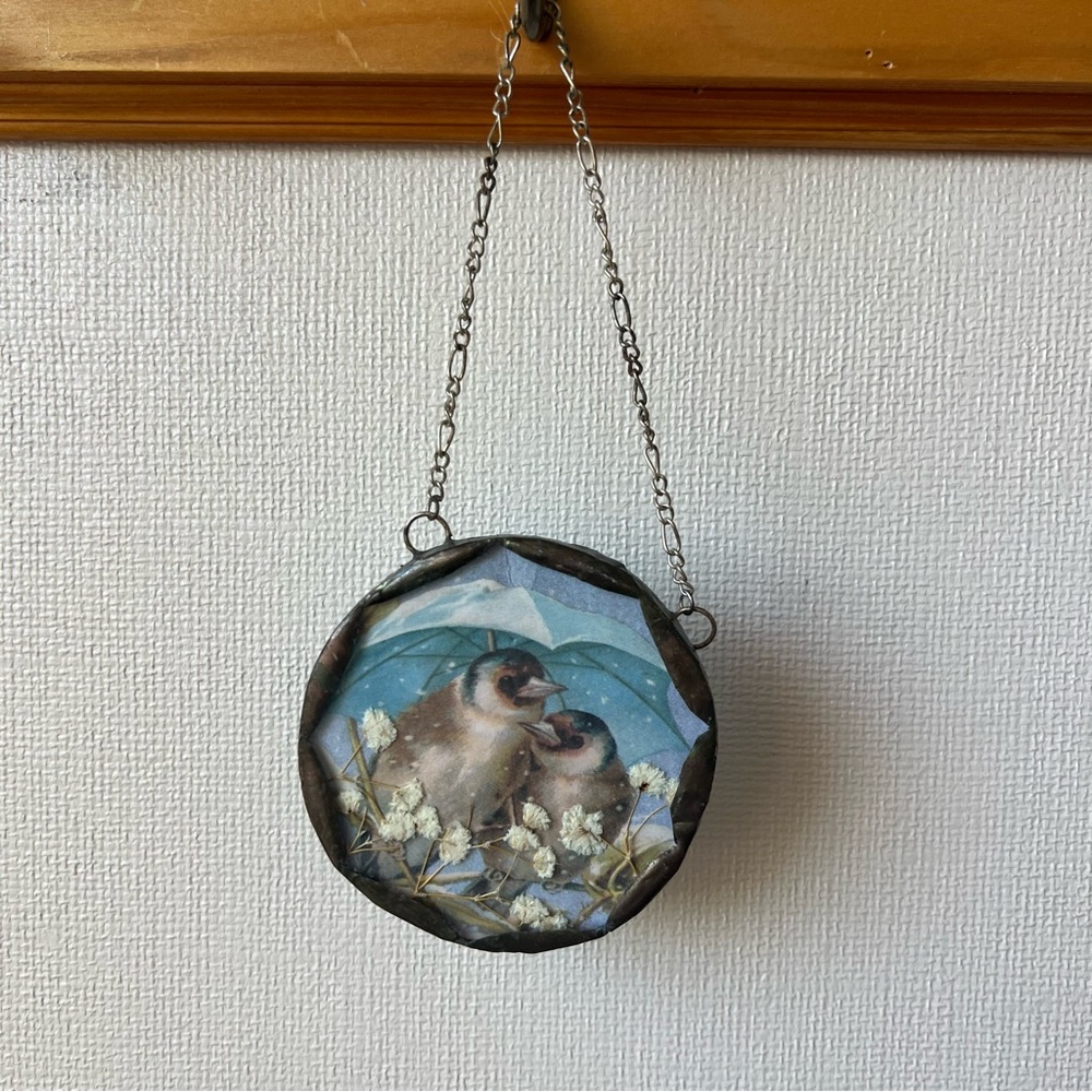 Double-Sided 3”x3” Hanging Decor – Birds and Dried Flowers & Stained Glass